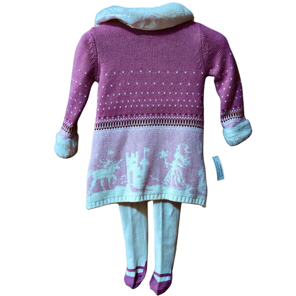 3-6 Months Fur Collar Pink & White Knit Sweater Dress Leggings Princess Outfit